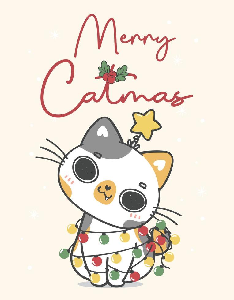 schattig gelukkig calico katje kat Kerstmis kat boom, vrolijk katten, tekenfilm dier karakter hand- tekening tekening vector idee voor groet kaart