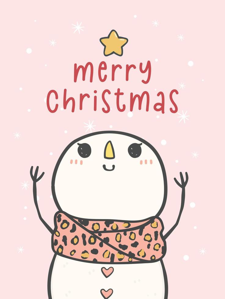 kawaii wit aanbiddelijk sneeuw meisje met sjaal met sneeuwval in achtergrond, vrolijk Kerstmis groet kaart afdrukbaar, tekenfilm tekening hand- tekening vector