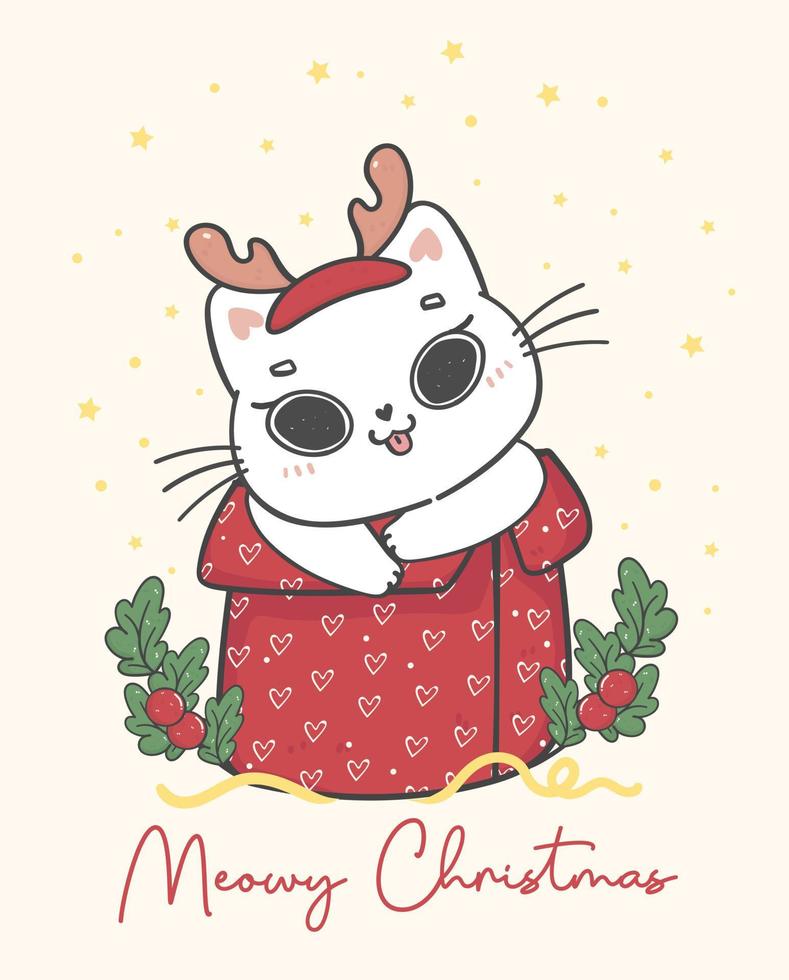 schattig ondeugend wit katje kat Kerstmis Aan rood geschenk doos, miauw kerstmis, aanbiddelijk blij tekenfilm dier hand- tekening vector