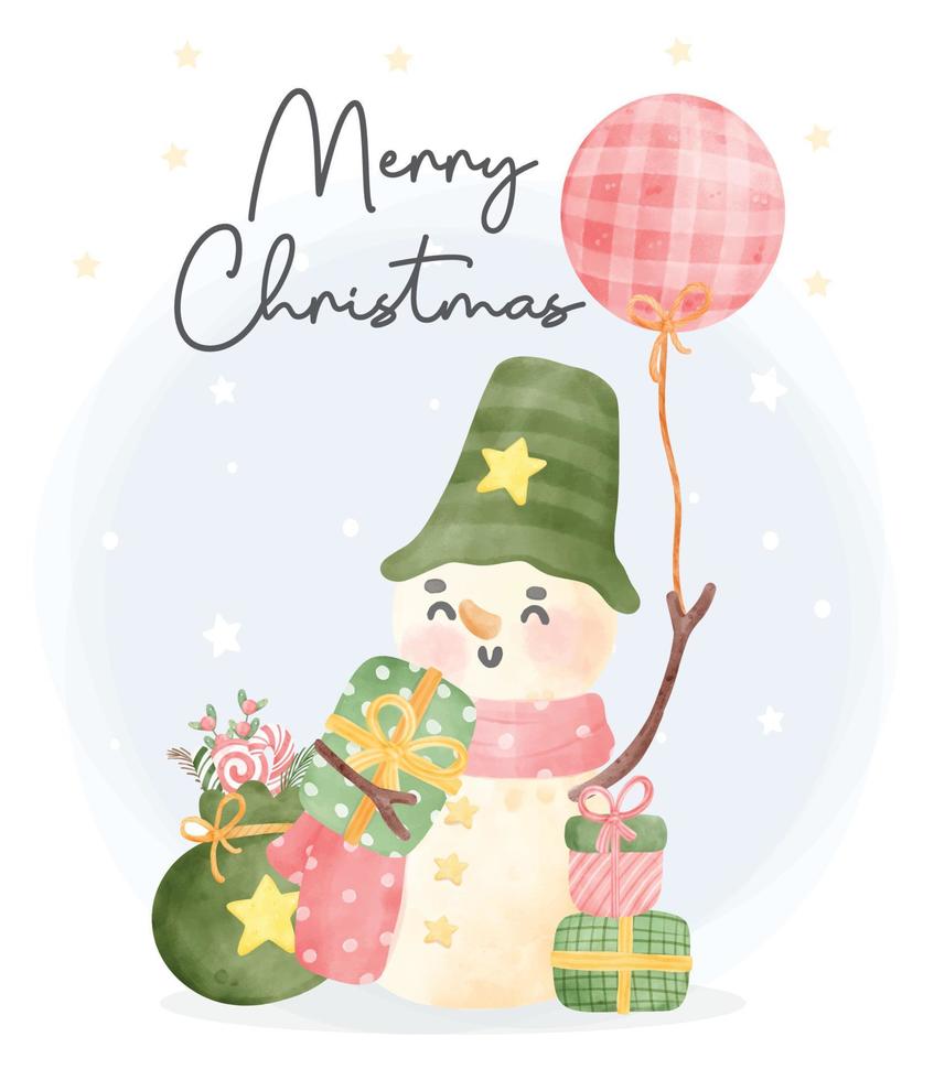 schattig Kerstmis sneeuwman karakter met ballon en cadeaus waterverf tekenfilm hand- schilderij illustratie vector