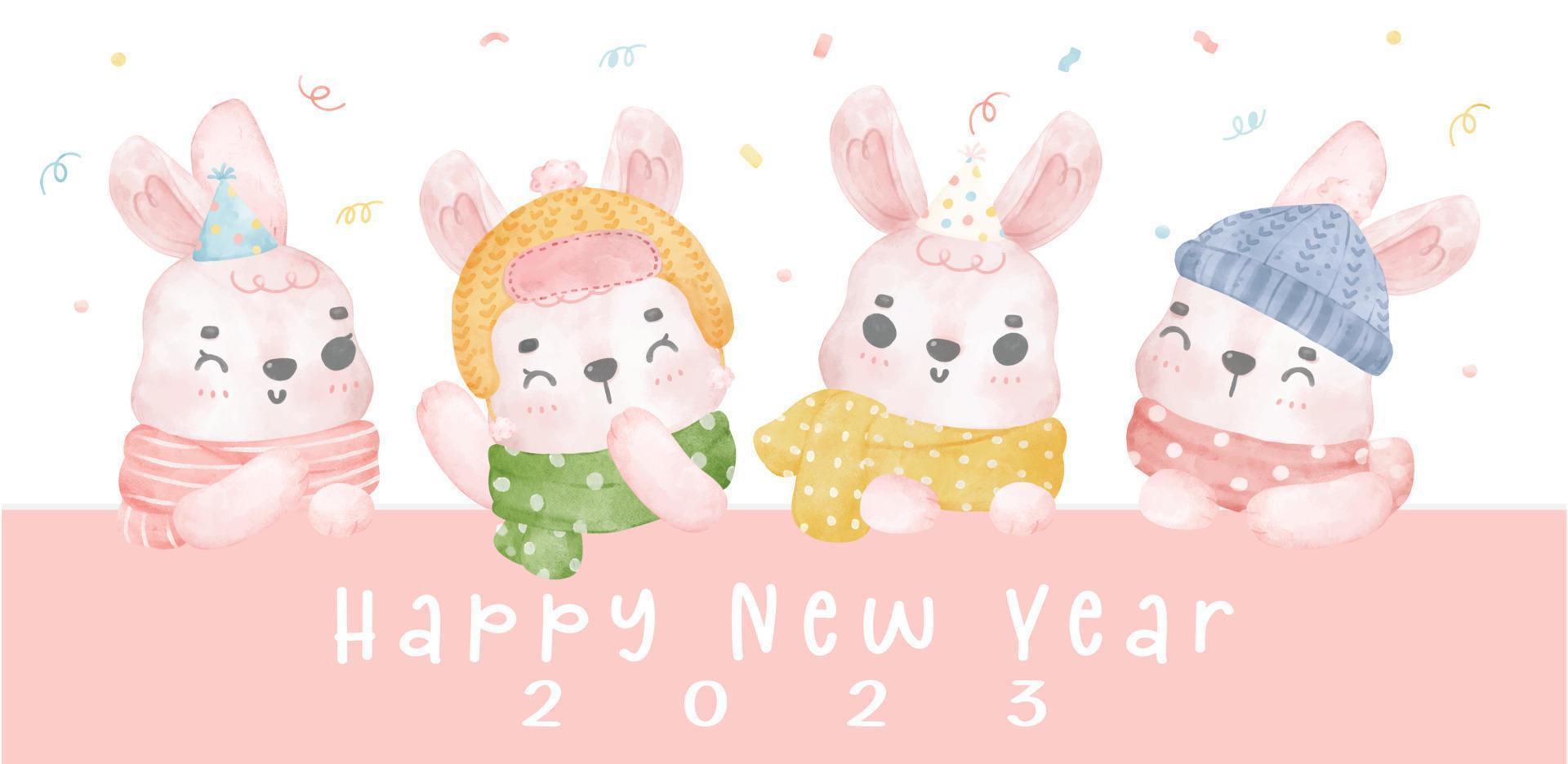 schattig roze konijn konijn winter sjaal partij waterverf illustratie vector hand- tekening, gelukkig nieuw jaar 2023