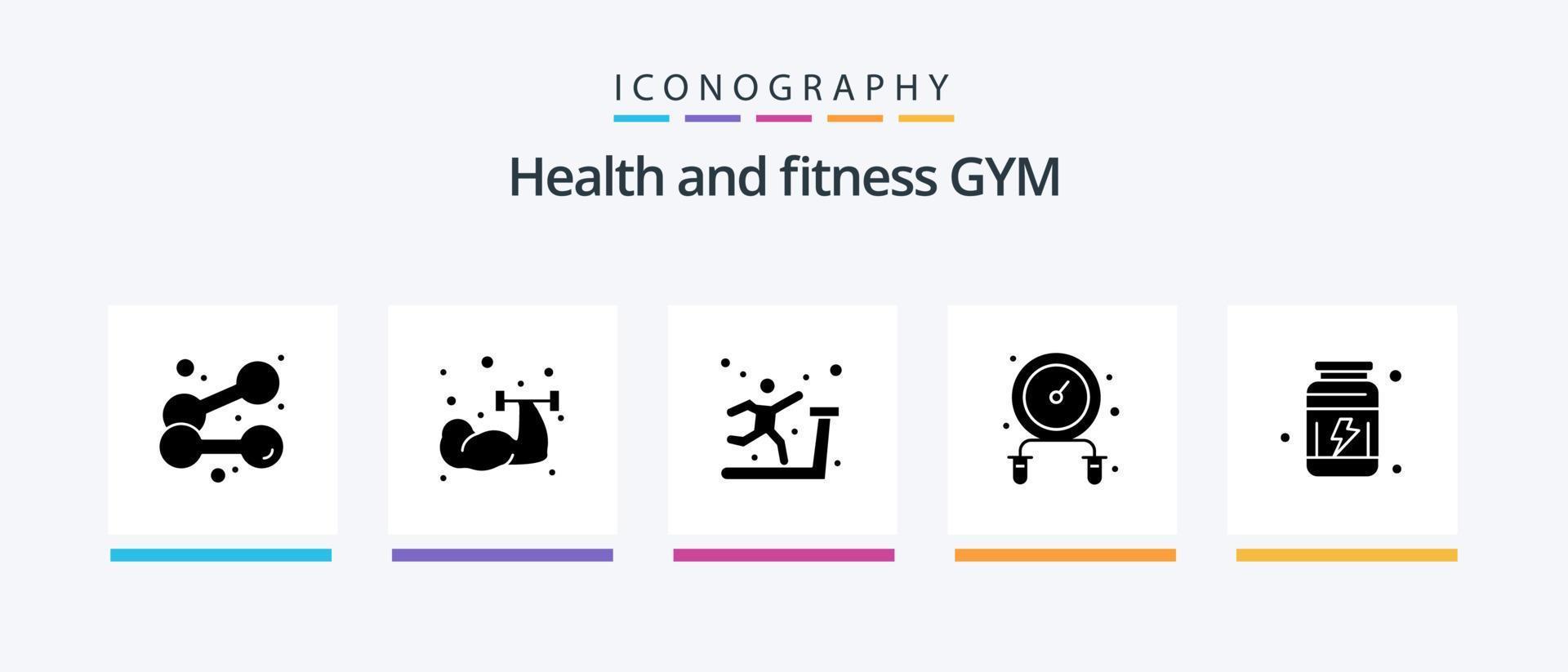 Sportschool glyph 5 icoon pak inclusief . oefening. vitamines. eiwitten. creatief pictogrammen ontwerp vector