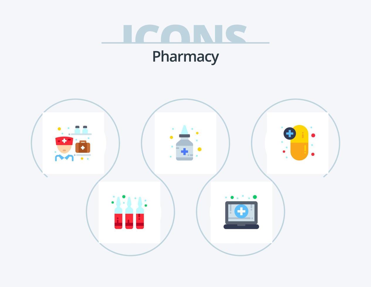 apotheek vlak icoon pak 5 icoon ontwerp. drugs. geneesmiddel. medicatie. medicatie. fles vector
