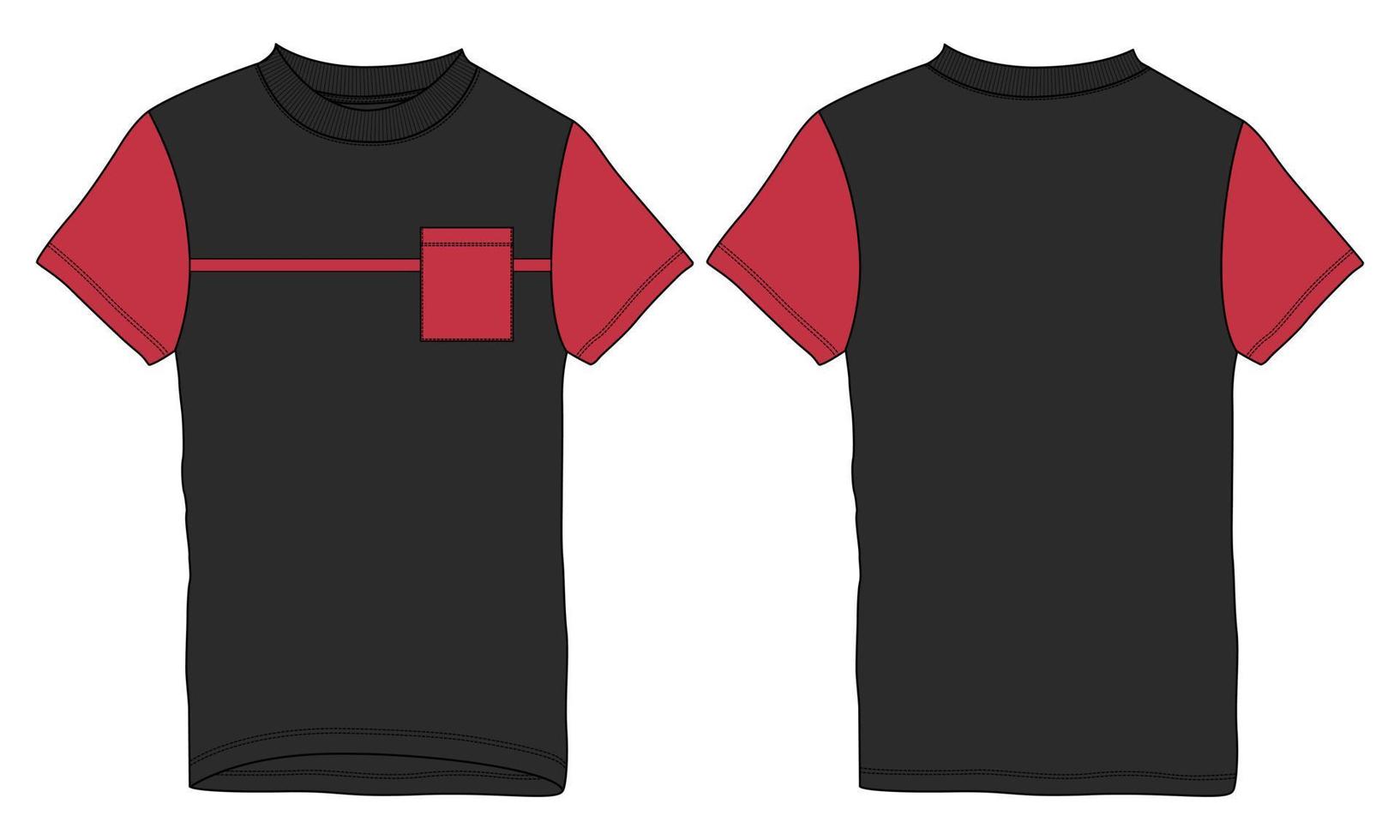 regelmatig fit kort mouw t-shirt technisch met borst streep en zak- mode vlak schetsen sjabloon voorkant en terug visie. vector