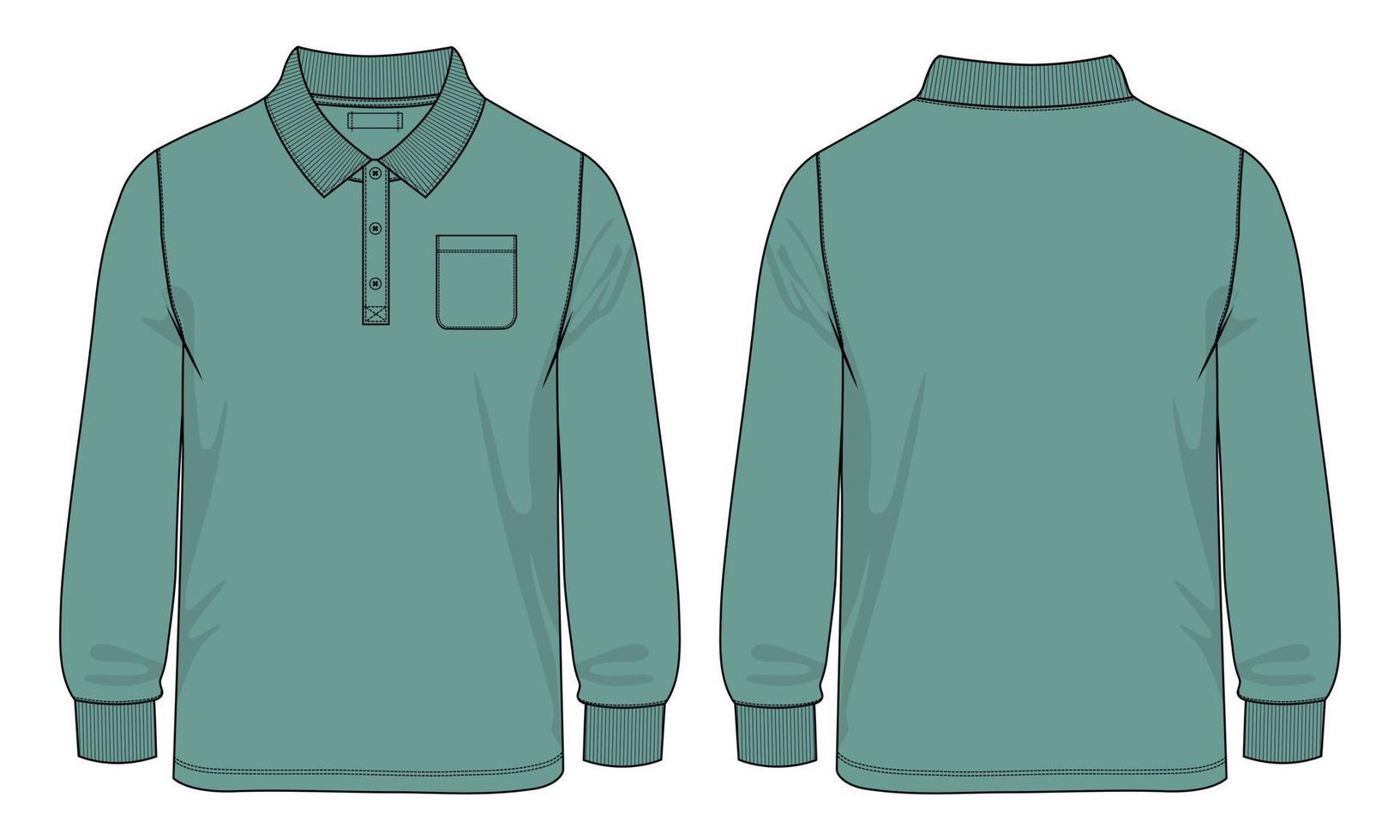 poloshirt met lange mouwen met zak technische mode platte schets vector illustratie sjabloon voor- en achterkant uitzicht.