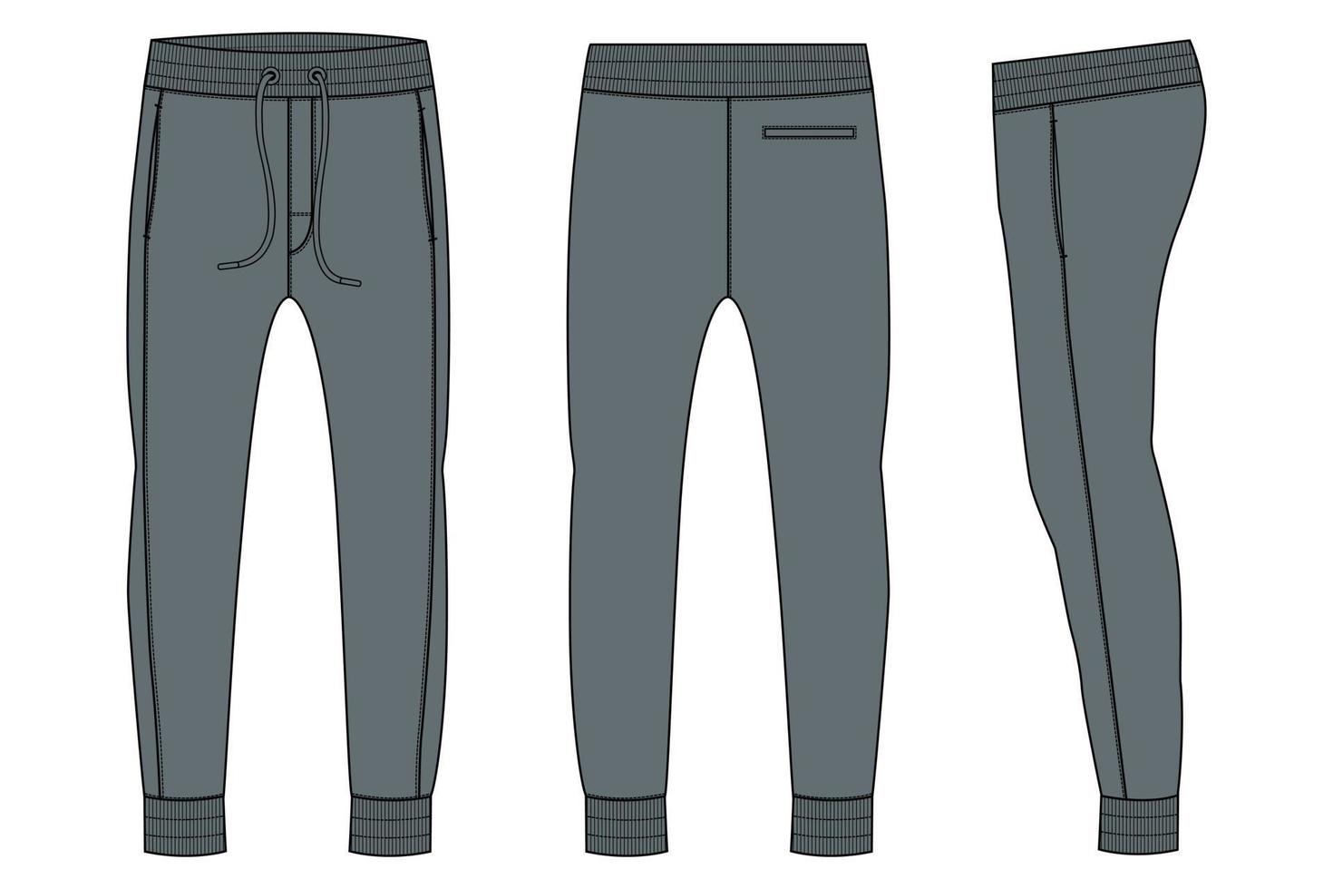 fleece kleding stof jogger joggingbroek technisch mode vlak schetsen vector illustratie sjabloon voorkant en terug keer bekeken.