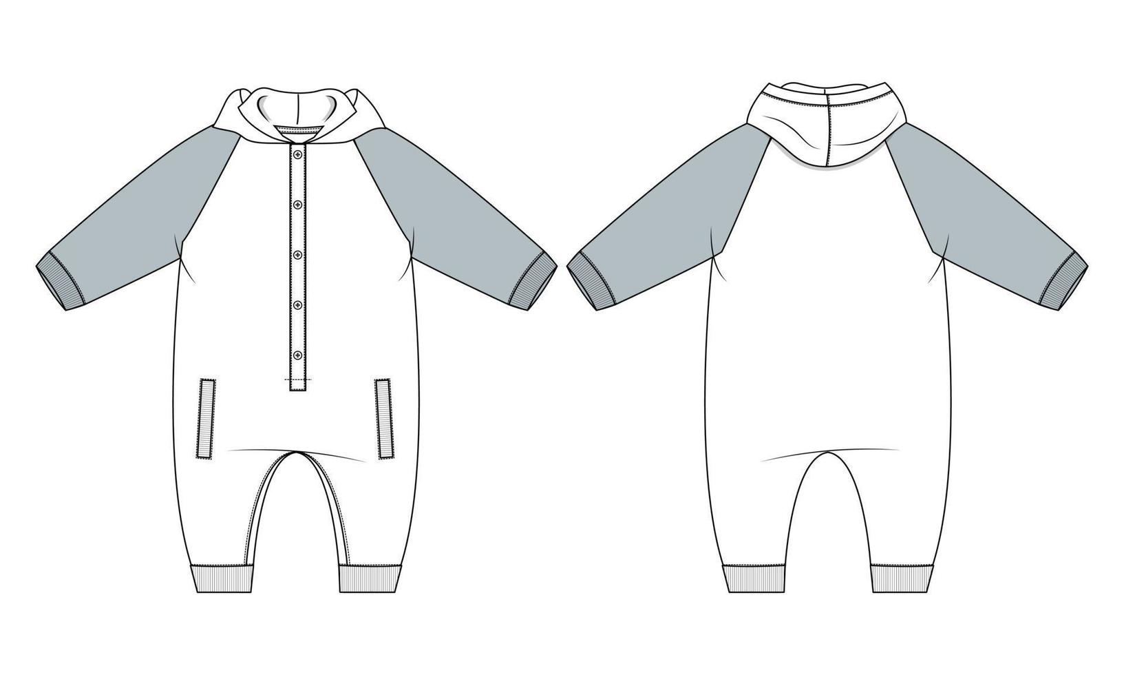 lang mouw bodysuit capuchon romper technisch mode schetsen vector mode sjabloon voor kinderen.