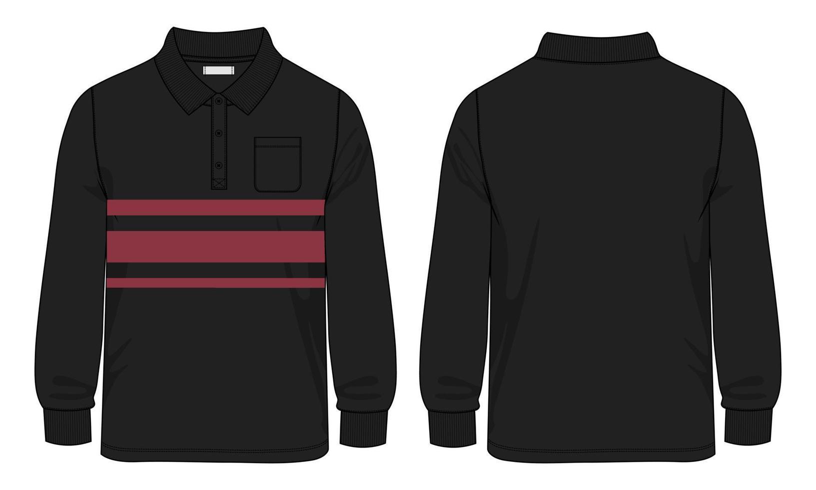 poloshirt met lange mouwen met zak technische mode platte schets vector illustratie sjabloon voor- en achterkant uitzicht.