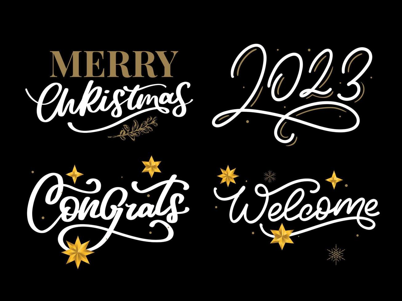 vrolijk Kerstmis reeks 2023 gelukkig nieuw jaar, typografie belettering insigne emblemen citaten reeks verzameling. vector logo ontwerp voor ansichtkaart, uitnodiging, groet kaart, poster, geschenk.