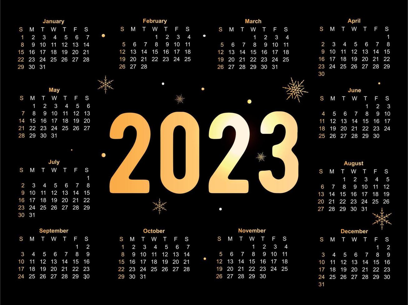 2023 kalender jaar vector illustratie. de week begint Aan zondag. Kerstmis sneeuwvlokken kalender 2023 sjabloon. kalender ontwerp zondag in rood kleuren. vector