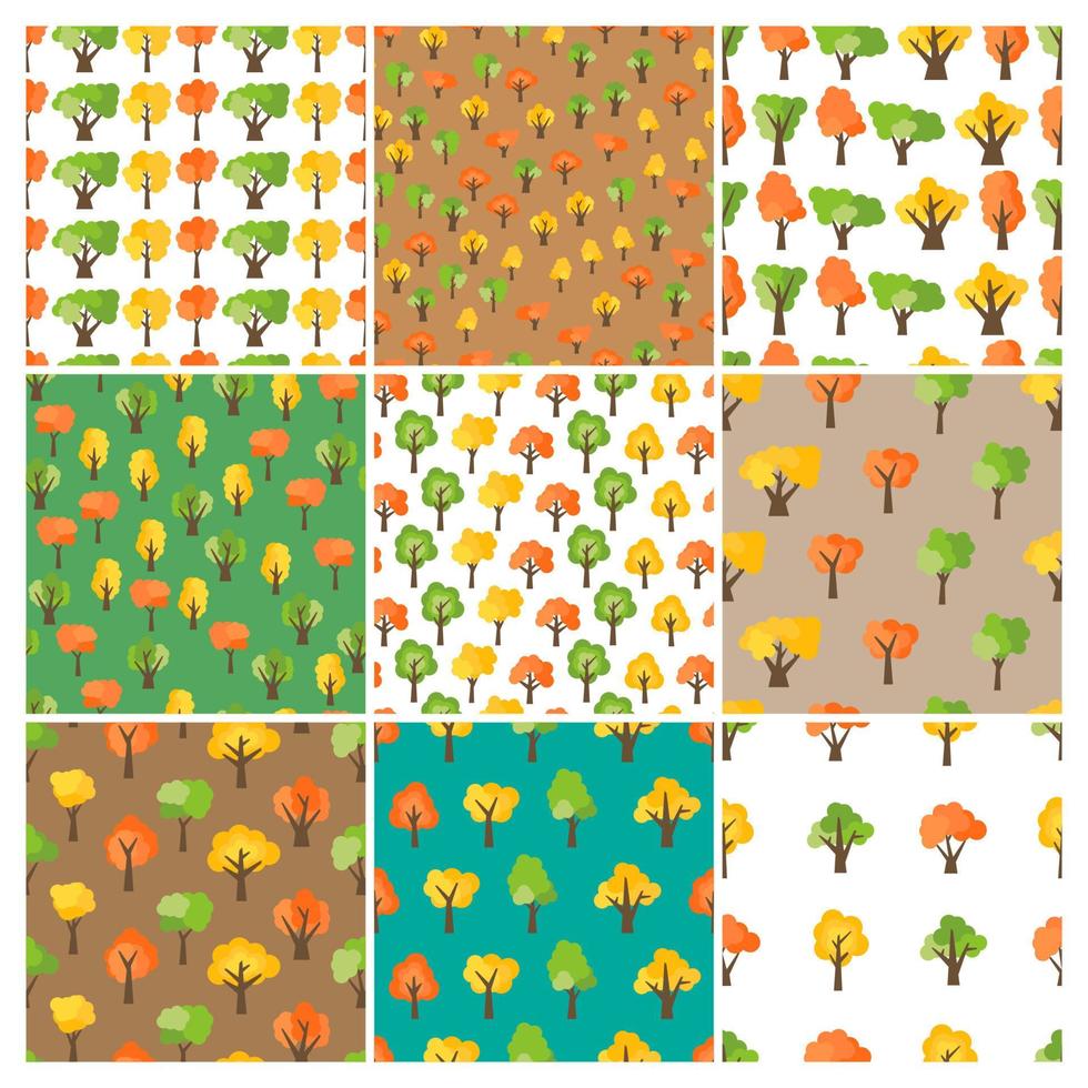 reeks van negen naadloos patronen van herfst bomen. herfst Woud achtergrond. vector illustratie