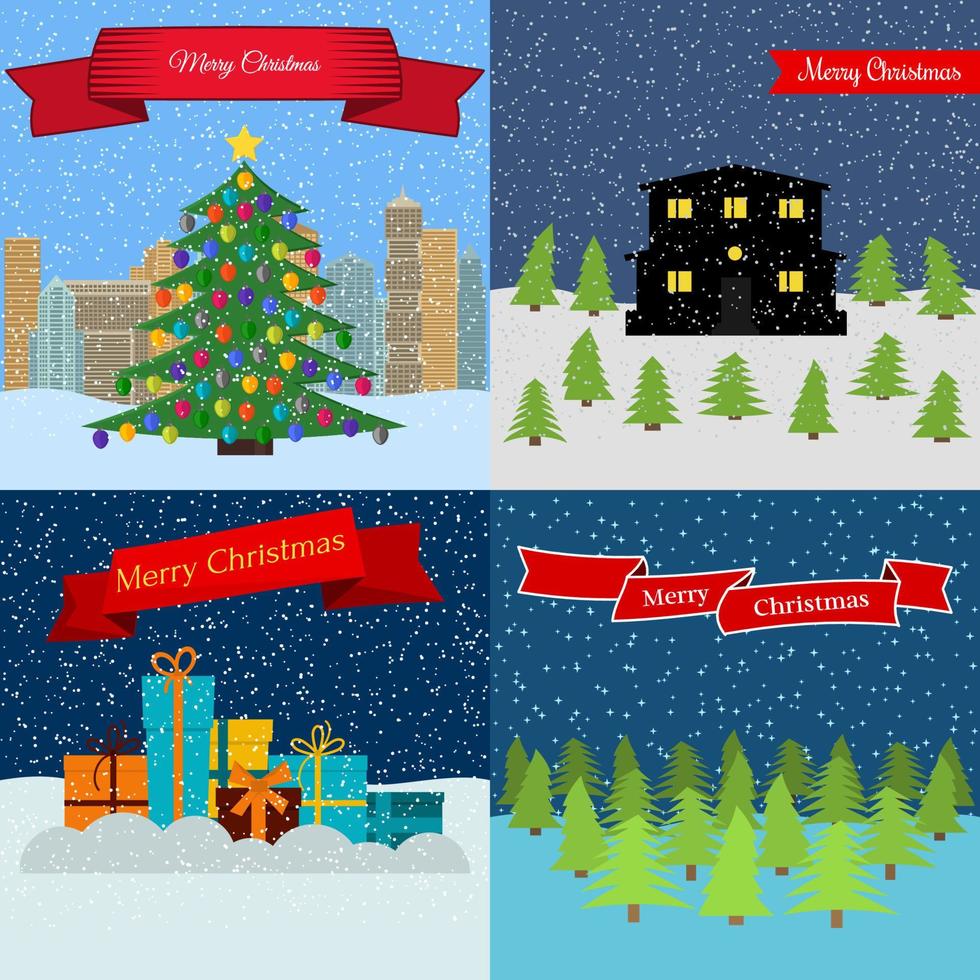 reeks van vier gelukkig nieuw jaar achtergronden met de opschrift vrolijk kerstmis. vector illustratie.