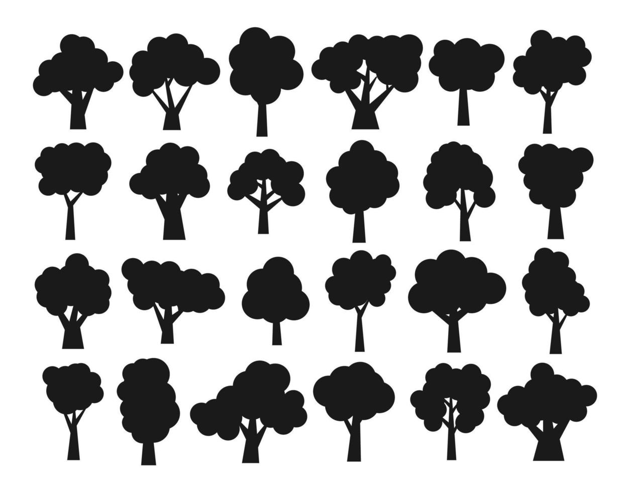 reeks van twintig vier verschillend donker silhouetten van tekenfilm bomen geïsoleerd Aan wit achtergrond. vector illustratie