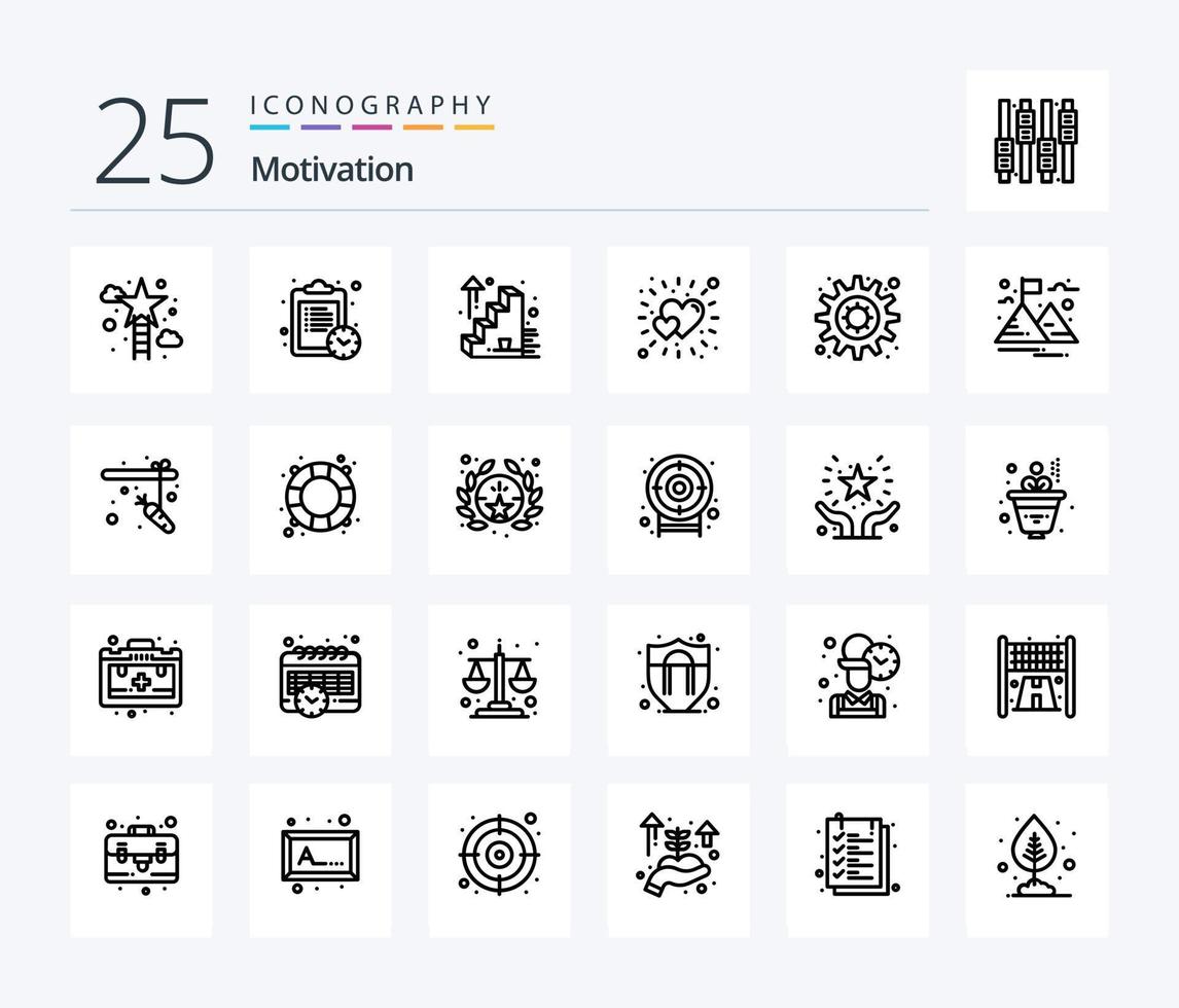 motivatie 25 lijn icoon pak inclusief instelling. versnelling. bedrijf succes. liefde. helderheid vector