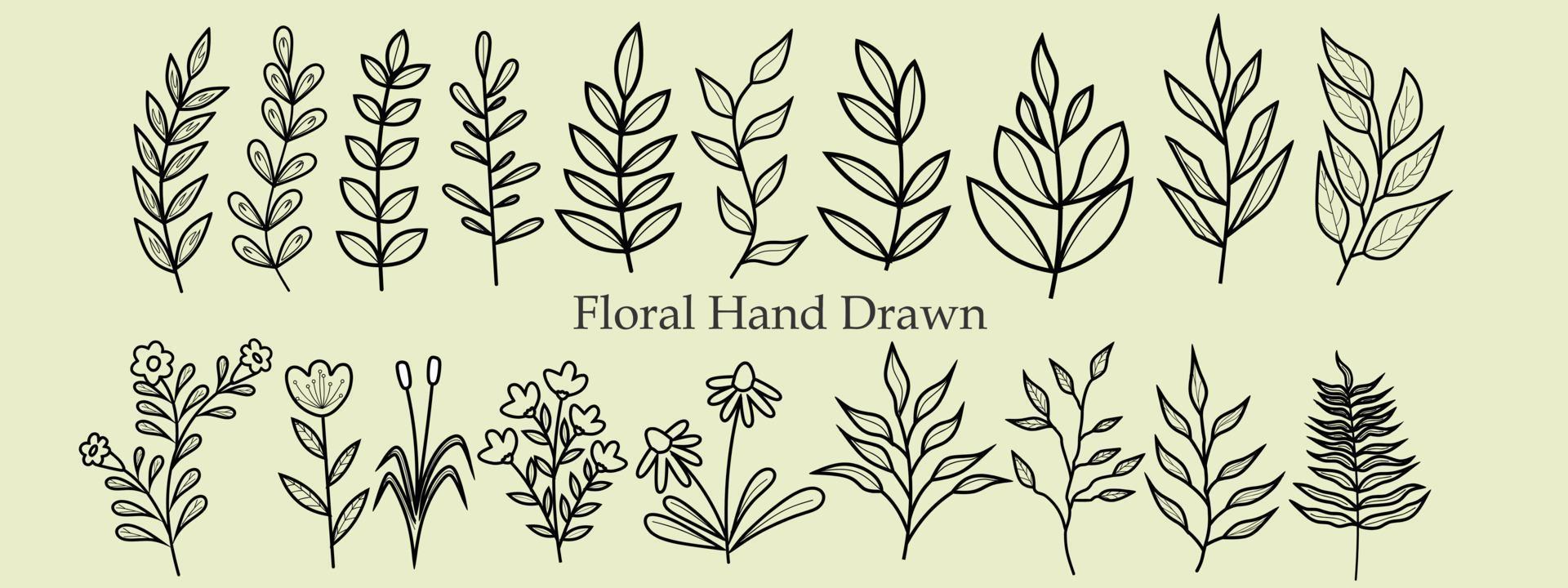 verzameling van hand- getrokken lijn kunst van bladeren en bloemen. decoratief schoonheid elegant illustratie voor ontwerp hand- getrokken bloem. icoon vector