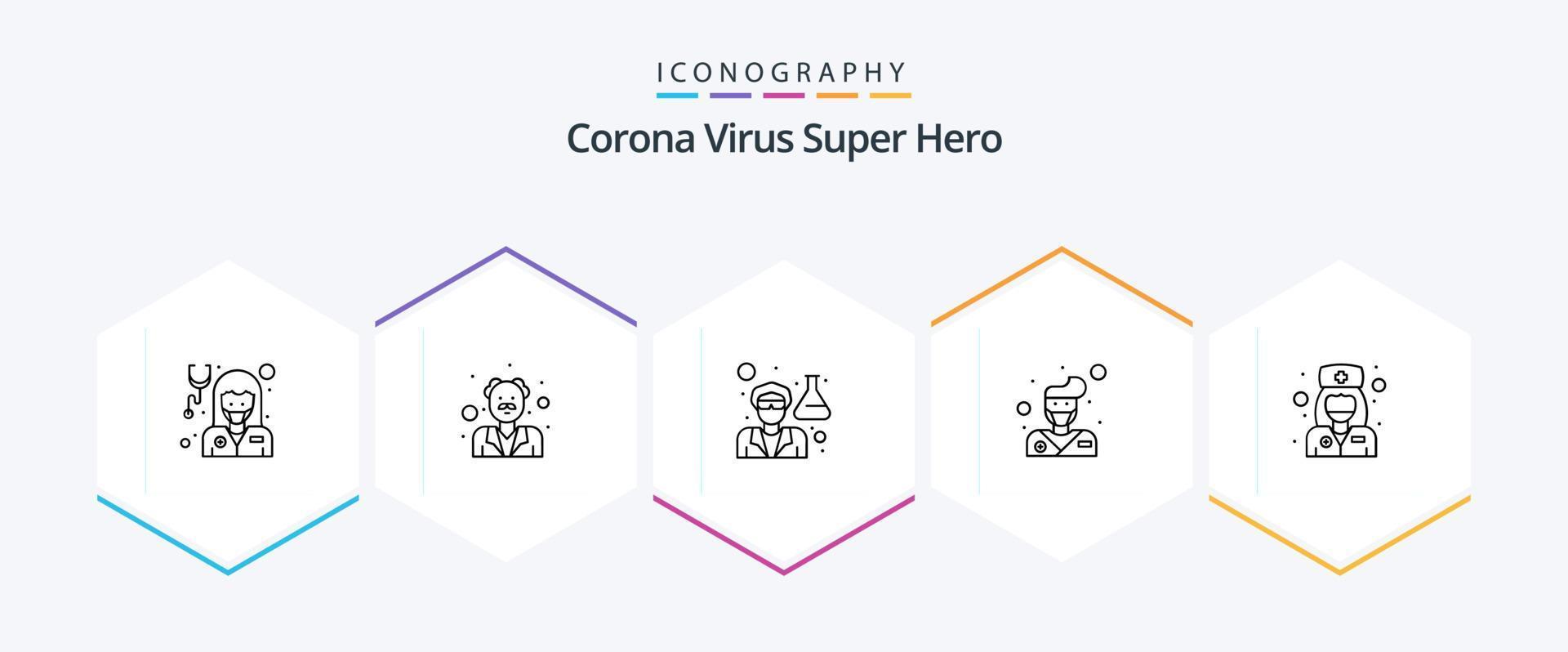 corona virus super held 25 lijn icoon pak inclusief meisje. arts. dokter. dokter. mannetje vector