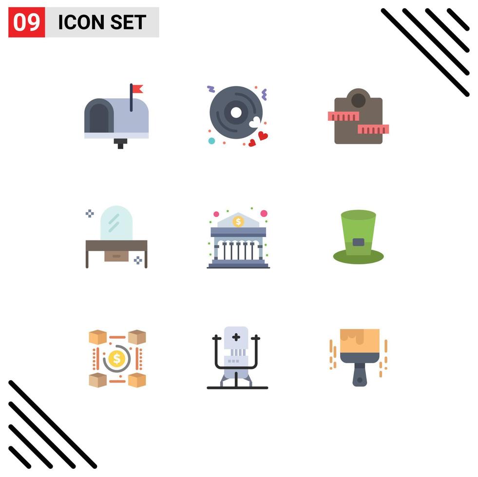 universeel icoon symbolen groep van 9 modern vlak kleuren van spiegel lade bruiloft slaapkamer sport bewerkbare vector ontwerp elementen