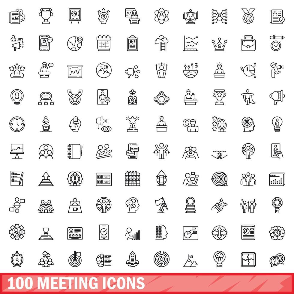 100 vergadering iconen set, Kaderstijl vector