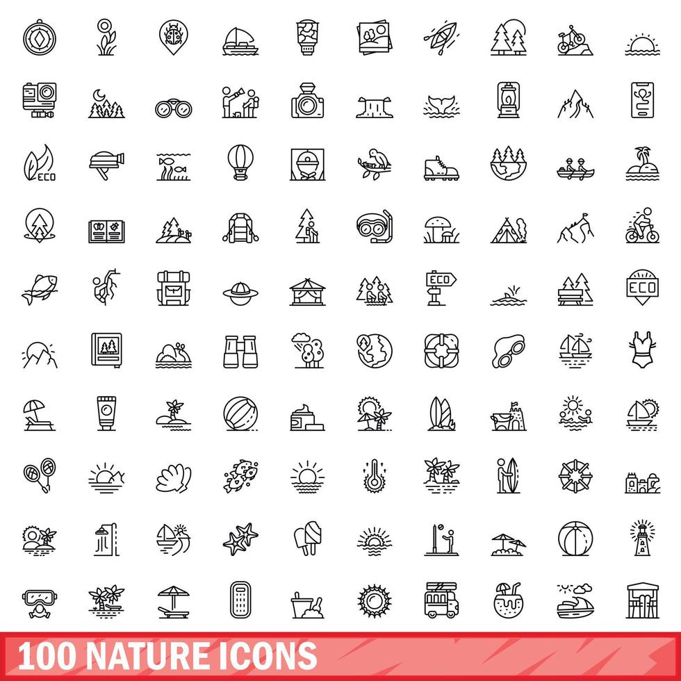 100 natuur iconen set, Kaderstijl vector
