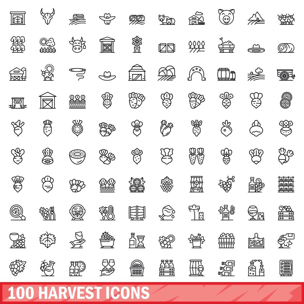 100 oogst iconen set, Kaderstijl vector