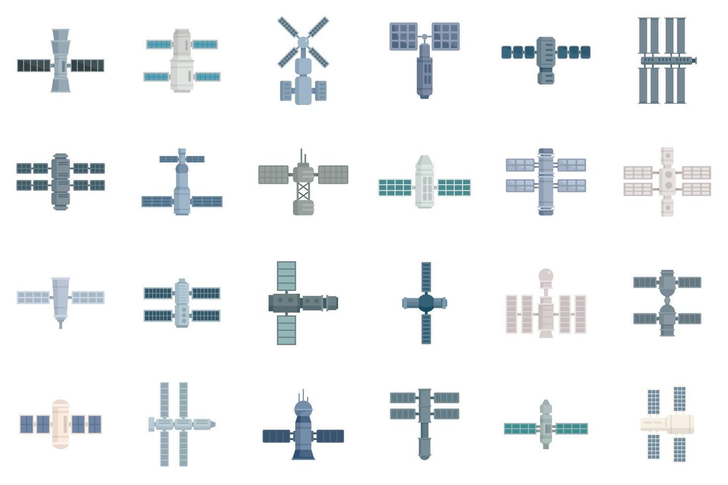 ruimtestation iconen set, vlakke stijl vector
