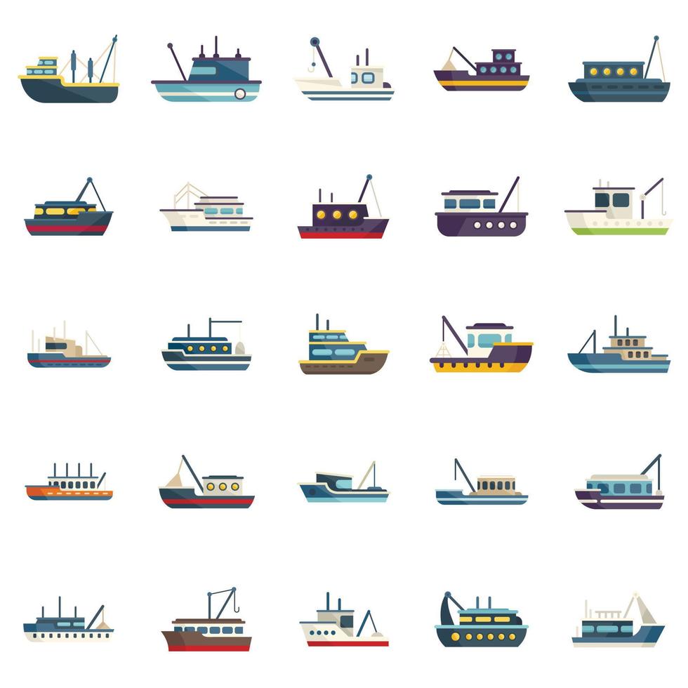 vissersboot pictogrammen instellen platte vector. vrachtschip vector