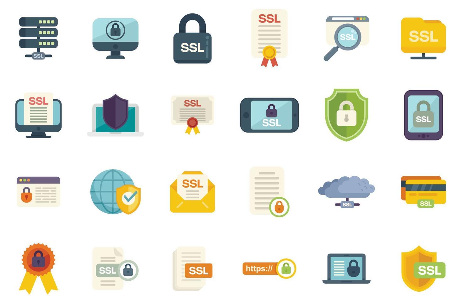 ssl certificaat pictogrammen reeks vlak vector. ssl veiligheid vector