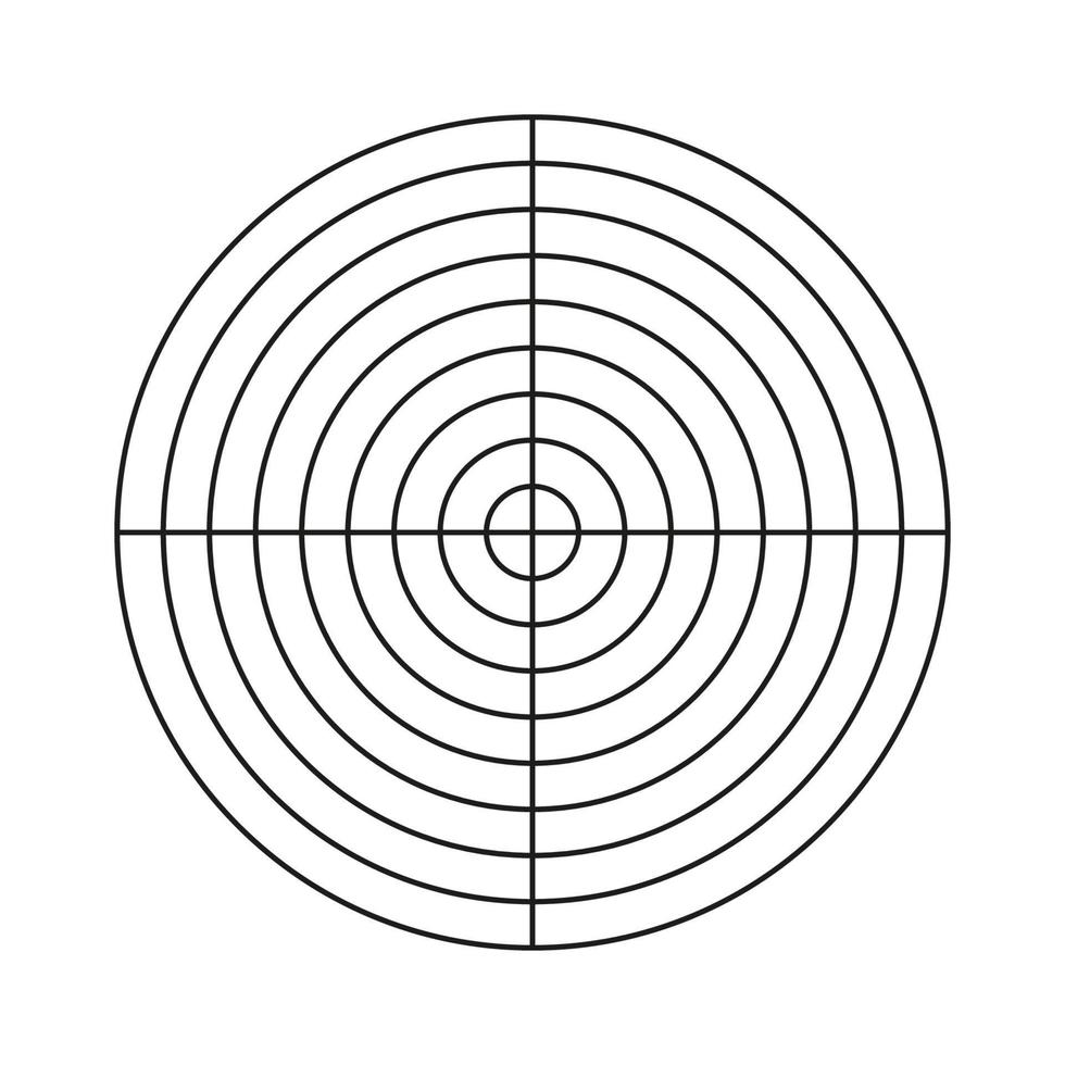 polair rooster van 8 concentrisch cirkels en 4 graden stappen. cirkel diagram verdeeld Aan segmenten. blanco polair diagram papier. wiel van leven of gewoonten volger. vector