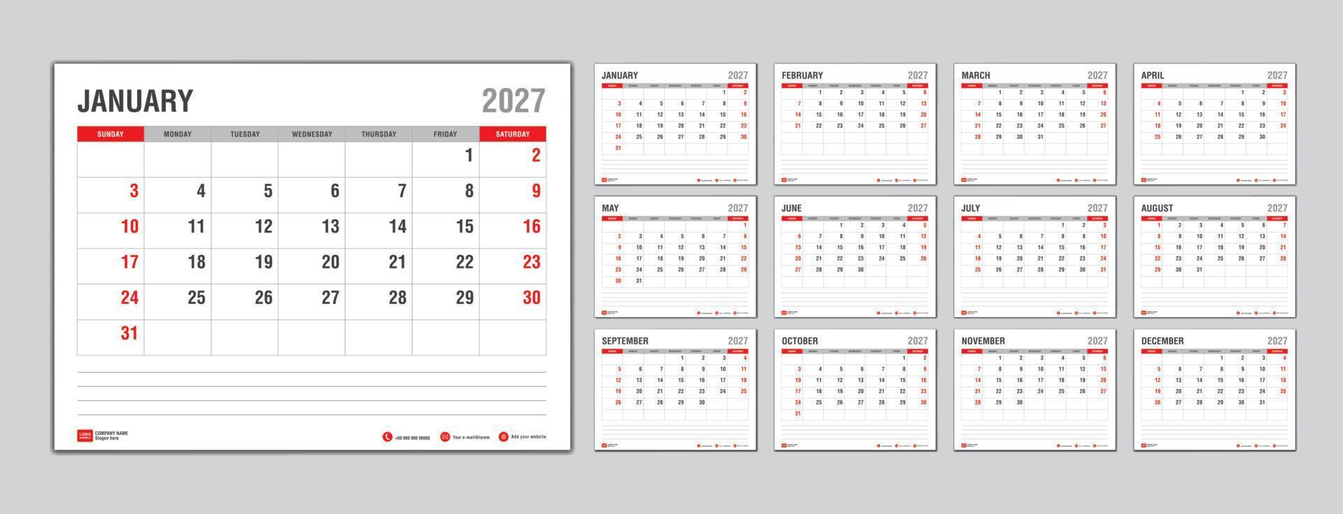 maandelijks kalender sjabloon voor 2027 jaar, week begint Aan zondag, ontwerper 2027 jaar, muur kalender in een minimalistische stijl, bureau kalender 2027 sjabloon, nieuw jaar kalender ontwerp, bedrijf sjabloon vector