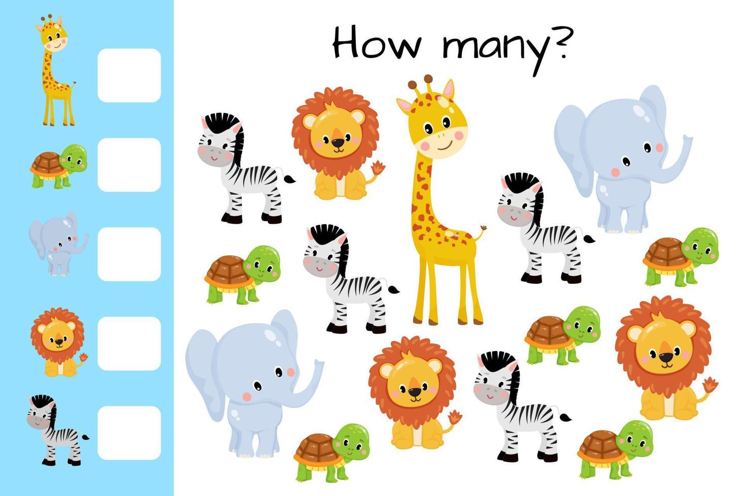 tellen spel, tellen dierentuin dieren en schrijven resultaat. kinderen leerzaam logica spel. leerzaam afdrukbare wiskunde werkblad. vector illustratie geïsoleerd Aan wit achtergrond.