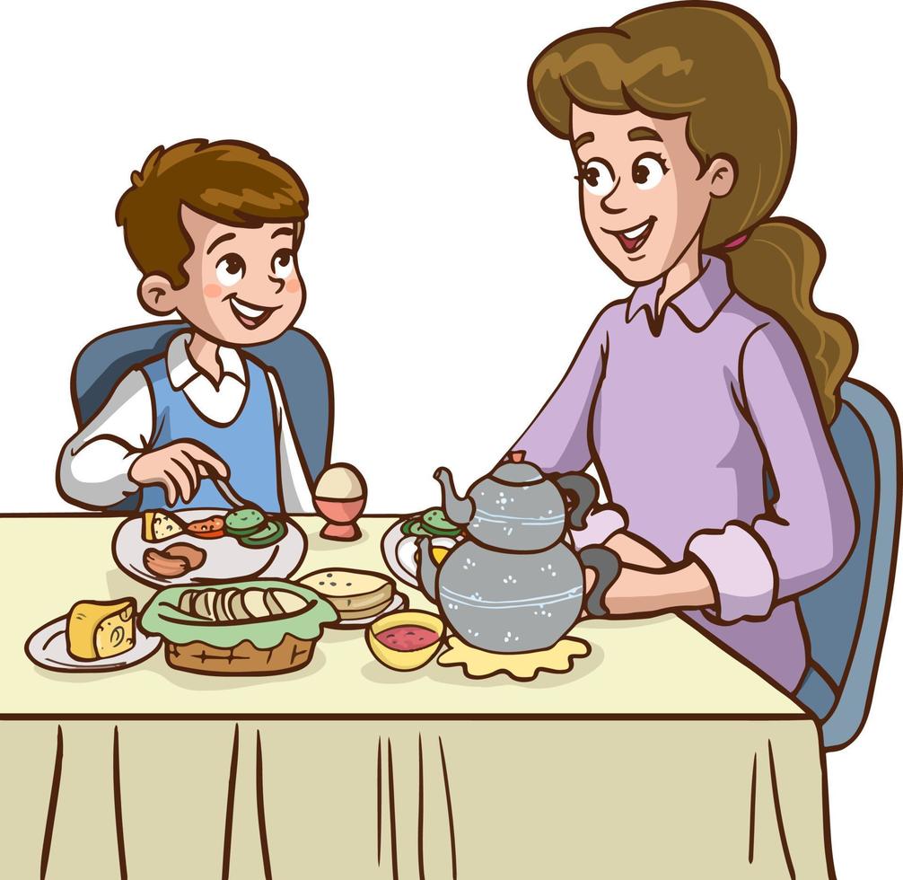 schattig weinig jongen aan het eten met zijn moeder tekenfilm vector illustratie