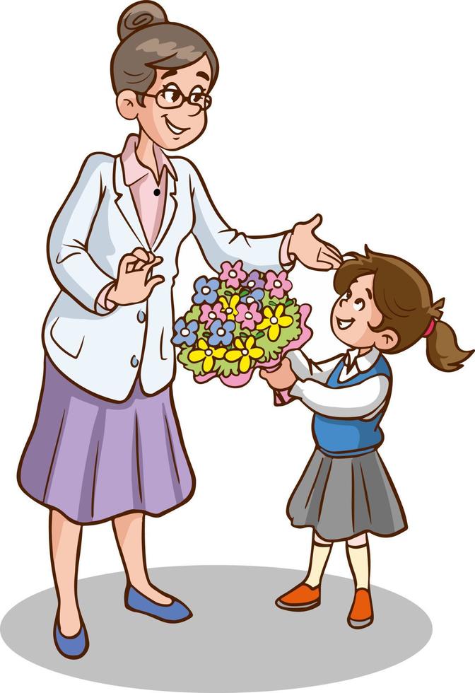 schattig weinig schoolmeisje geven bloemen naar haar leraar tekenfilm vector illustratie
