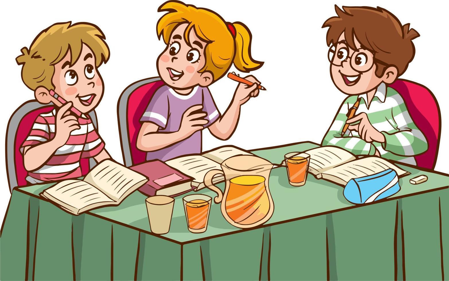 schattig weinig kinderen aan het studeren samen Bij de tafel. studenten aan het doen groep werk samen tekenfilm vector