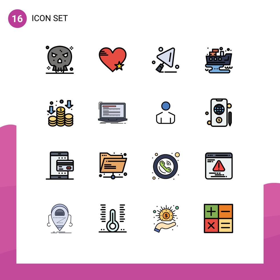 16 universeel vlak kleur gevulde lijnen reeks voor web en mobiel toepassingen inkomen verspilling favoriete verontreiniging gelekt bewerkbare creatief vector ontwerp elementen