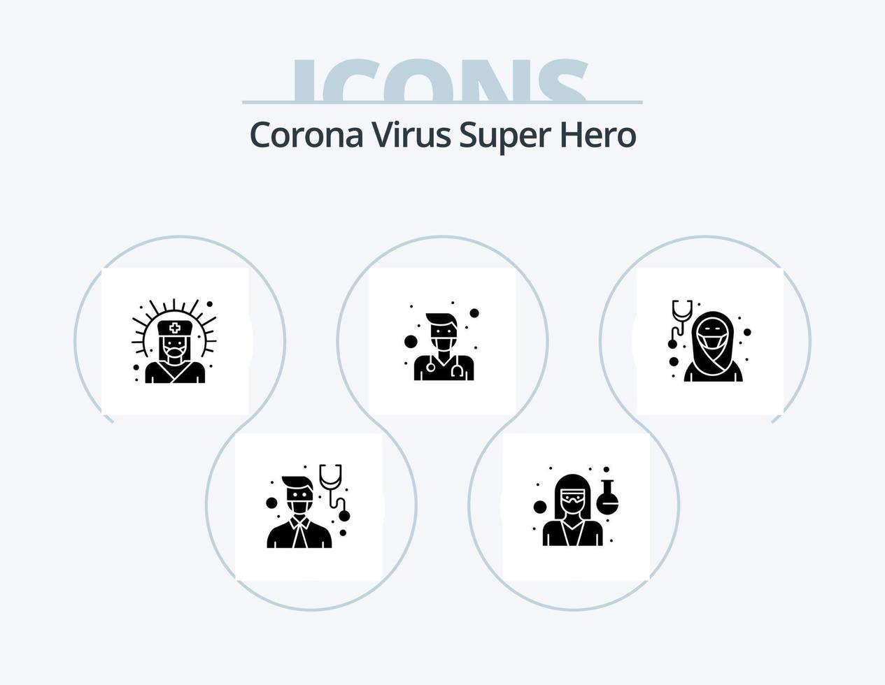 corona virus super held glyph icoon pak 5 icoon ontwerp. verpleegster. dame. medisch steun. meisje. mannetje vector