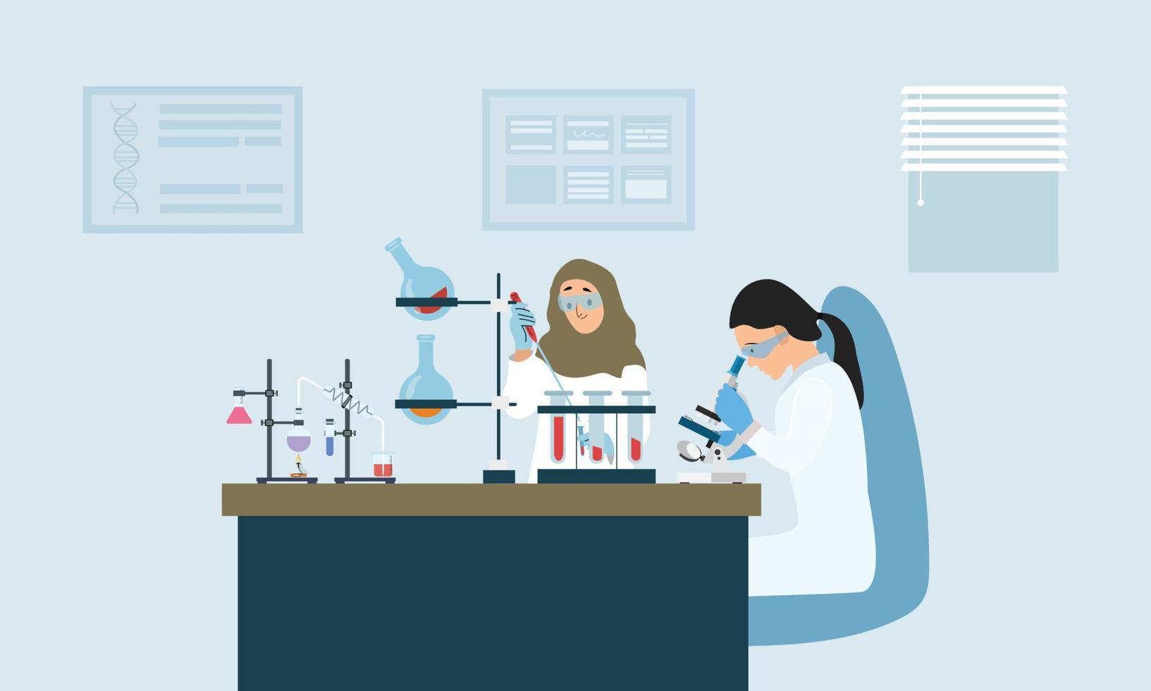 wetenschappers werk in laboratorium. nieuw geneeskunde ontwikkeling. onderzoeker met microscoop. vlak vector illustratie
