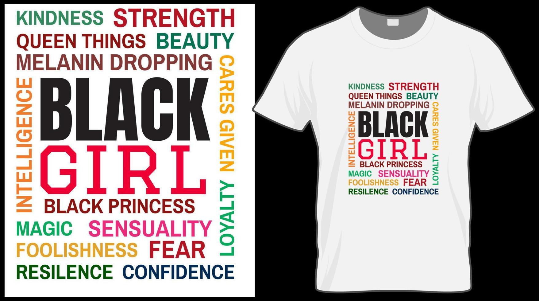 zwart meisje woord kunst t shirt. zwart geschiedenis maand vector illustratie grafisch. groente, rood, geel achtergrond met tekst. vieren Amerikaans en Afrikaanse mensen cultuur.