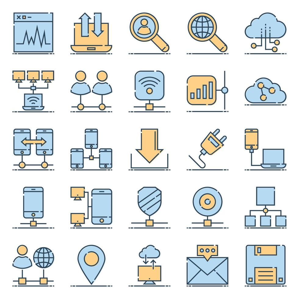 gevulde schets pictogrammen voor netwerken en communicatie. vector