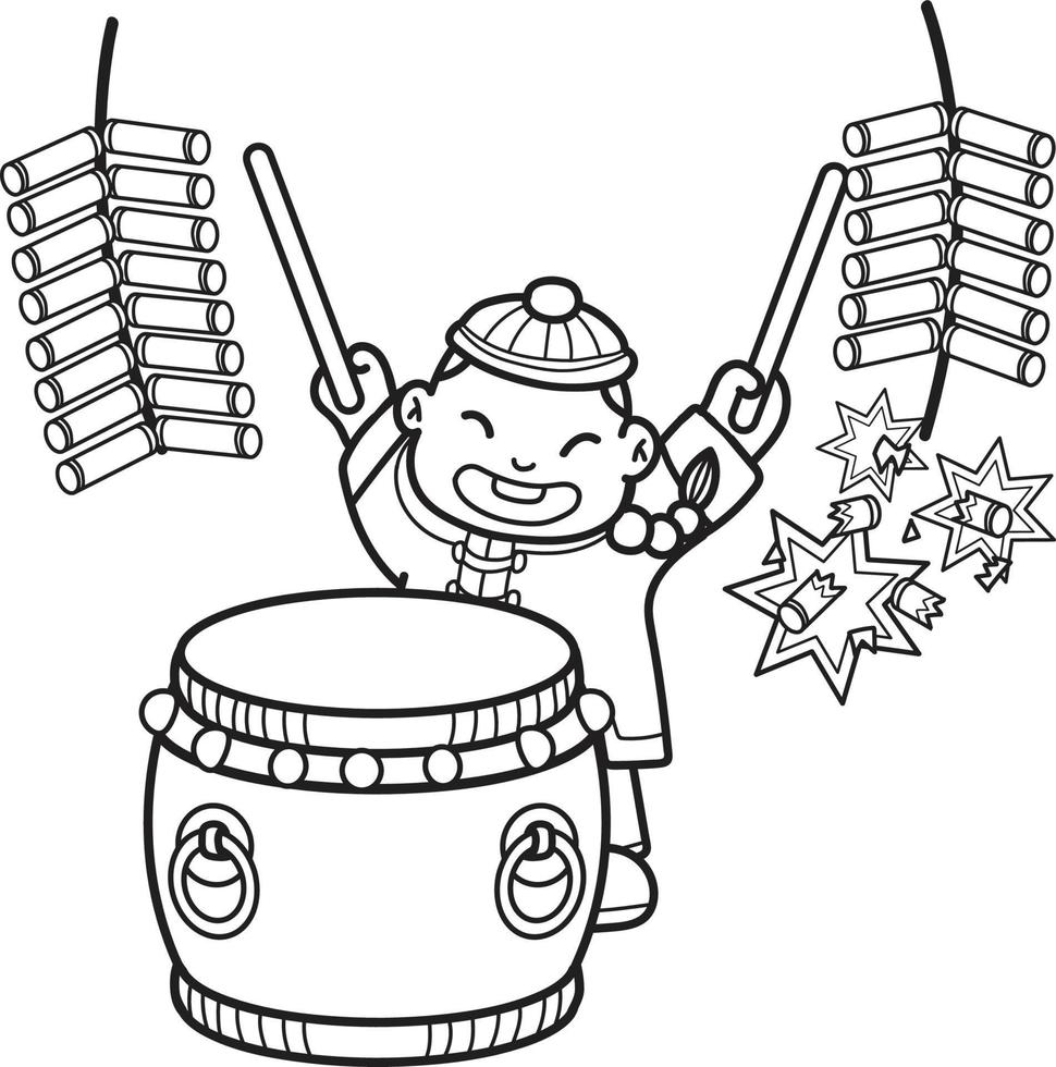 hand- getrokken Chinese jongen spelen drums illustratie vector