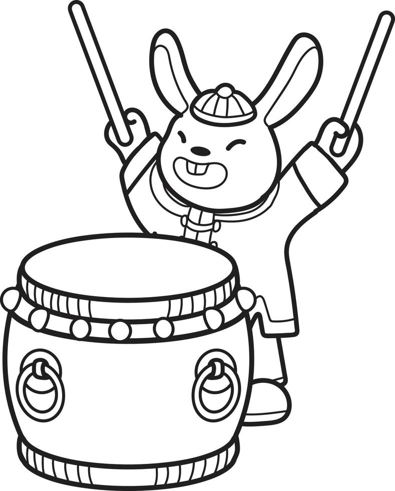 hand- getrokken Chinese konijn met trommel illustratie vector