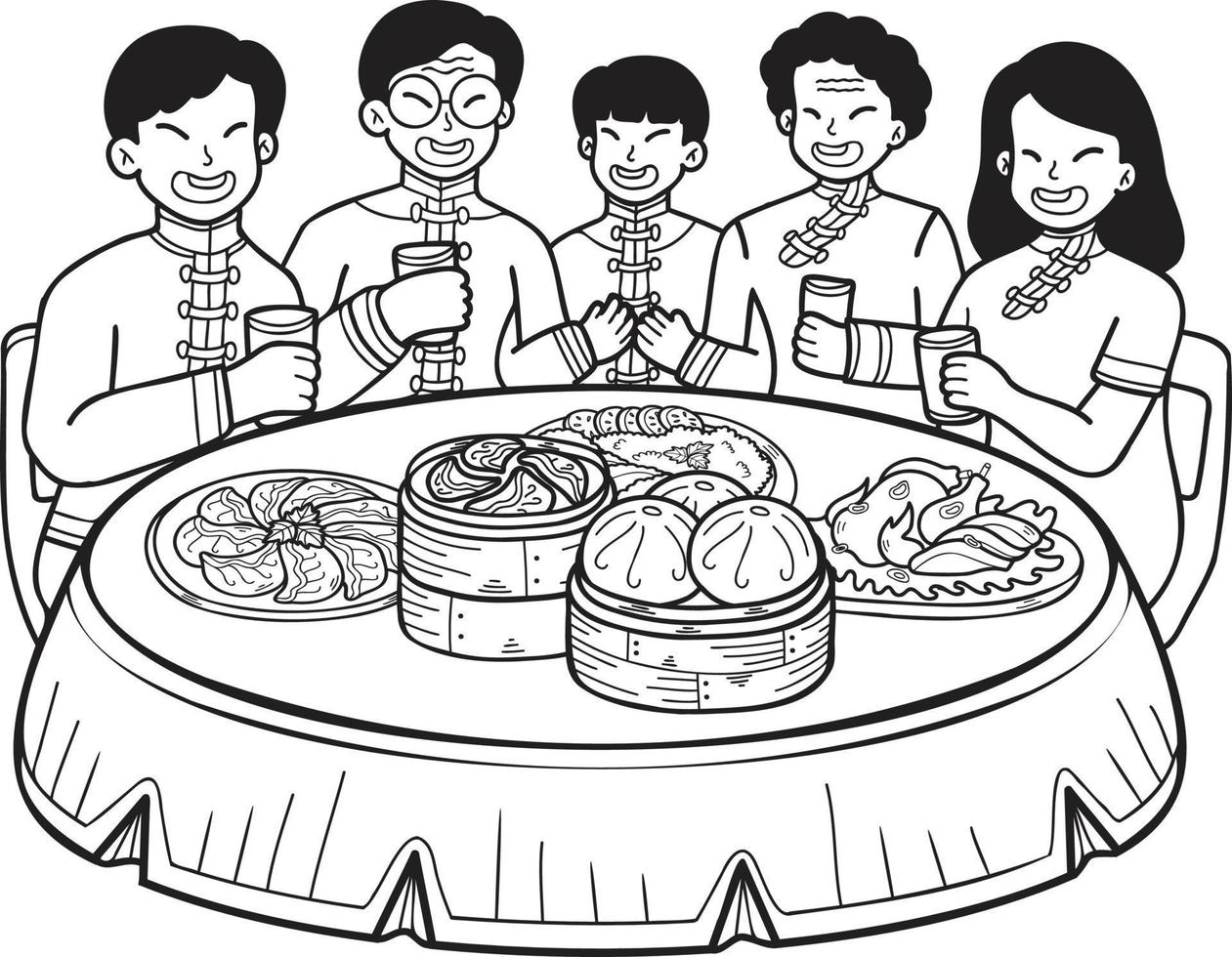 hand- getrokken Chinese familie met Chinese voedsel tafel illustratie vector