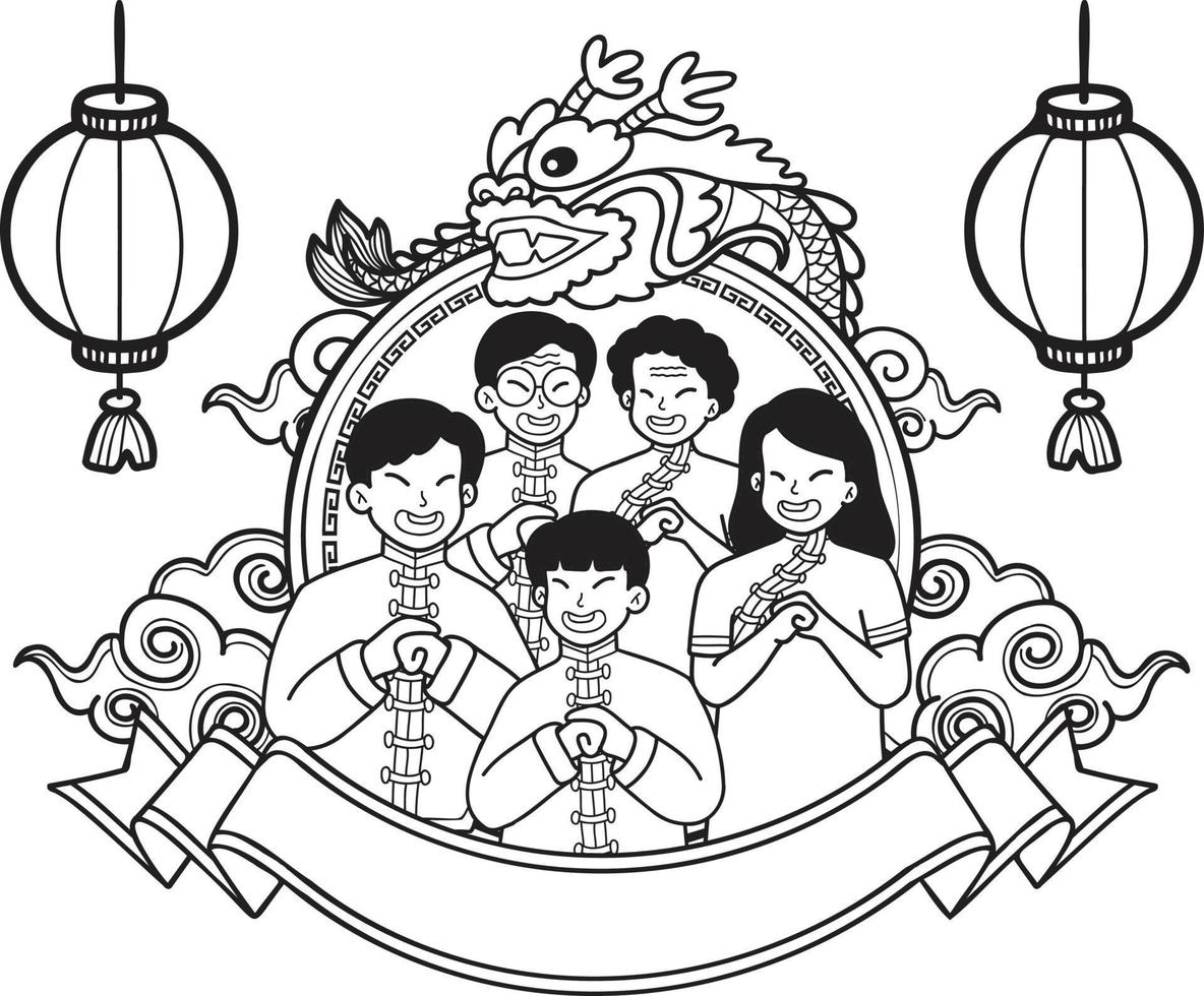 hand- getrokken Chinese nieuw jaar en Chinese familie illustratie vector