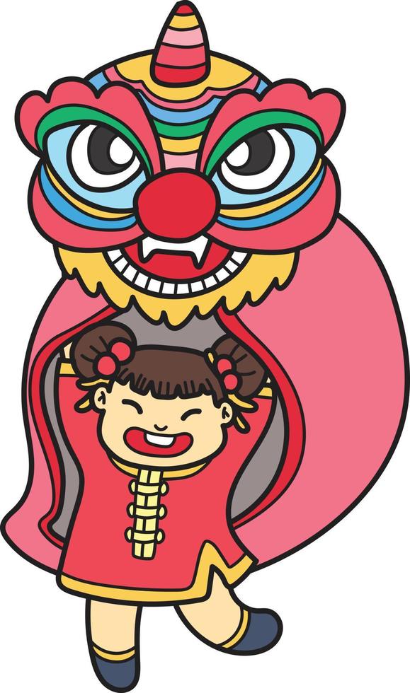 hand- getrokken Chinese leeuw dans met Chinese meisje illustratie vector