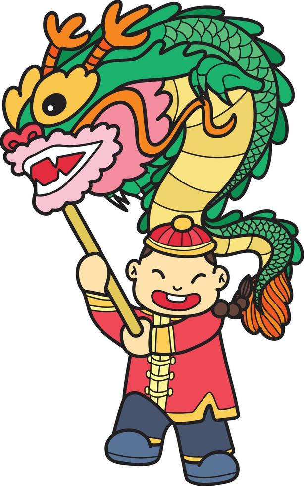 hand- getrokken Chinese jongen dansen draak illustratie vector