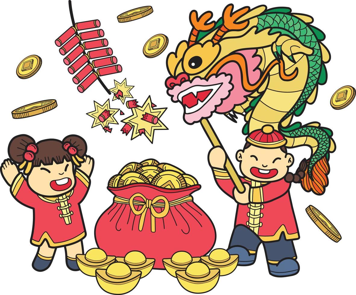 hand- getrokken Chinese jongen dansen draak met geld zak en meisje illustratie vector