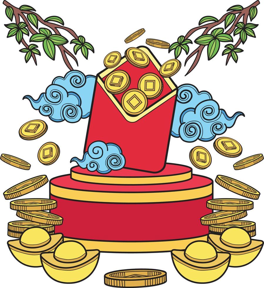 hand- getrokken Chinese rood enveloppen en geld illustratie vector