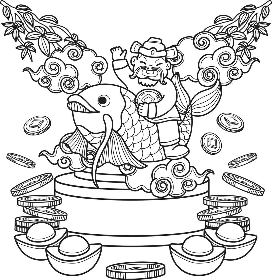 hand- getrokken Chinese rijkdom god en koi illustratie vector