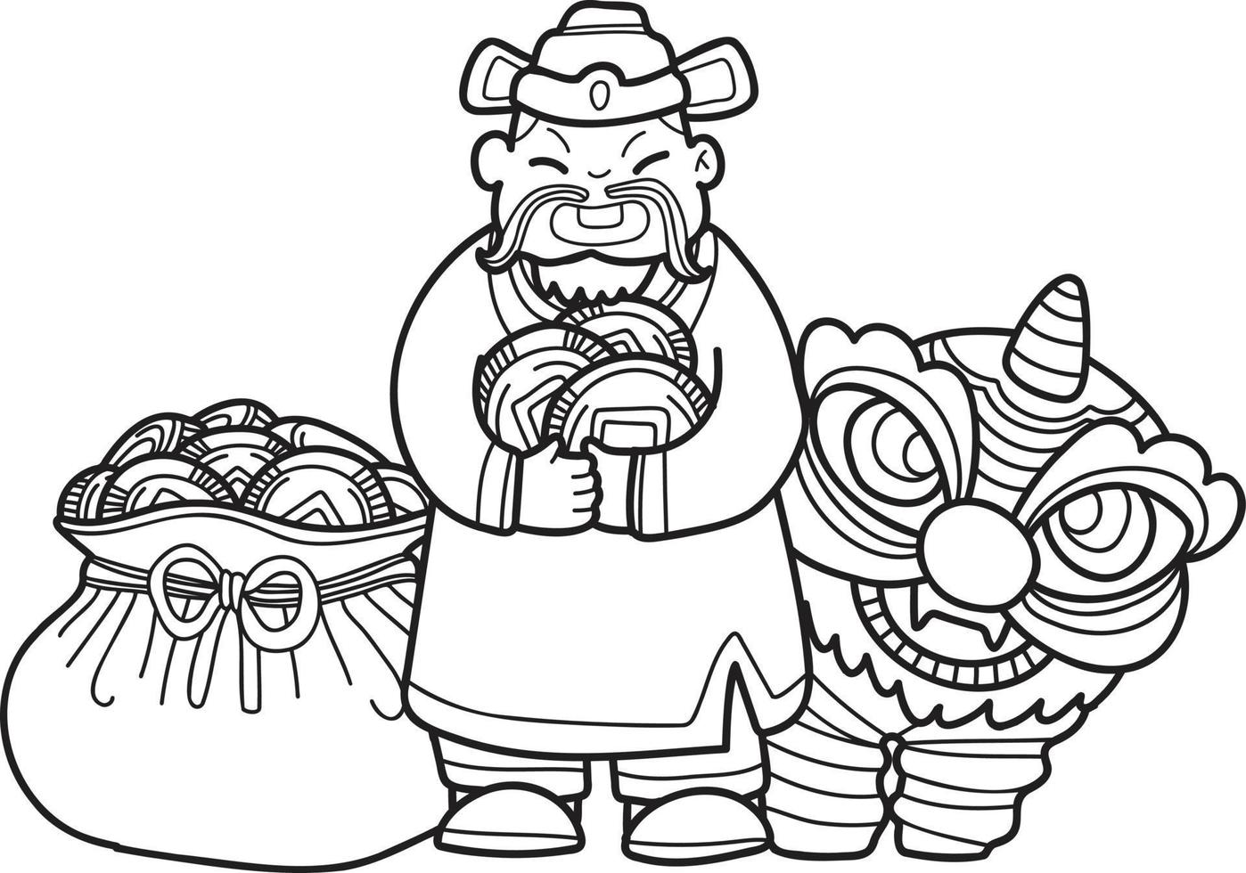 hand- getrokken rijkdom god en Chinese leeuw illustratie vector