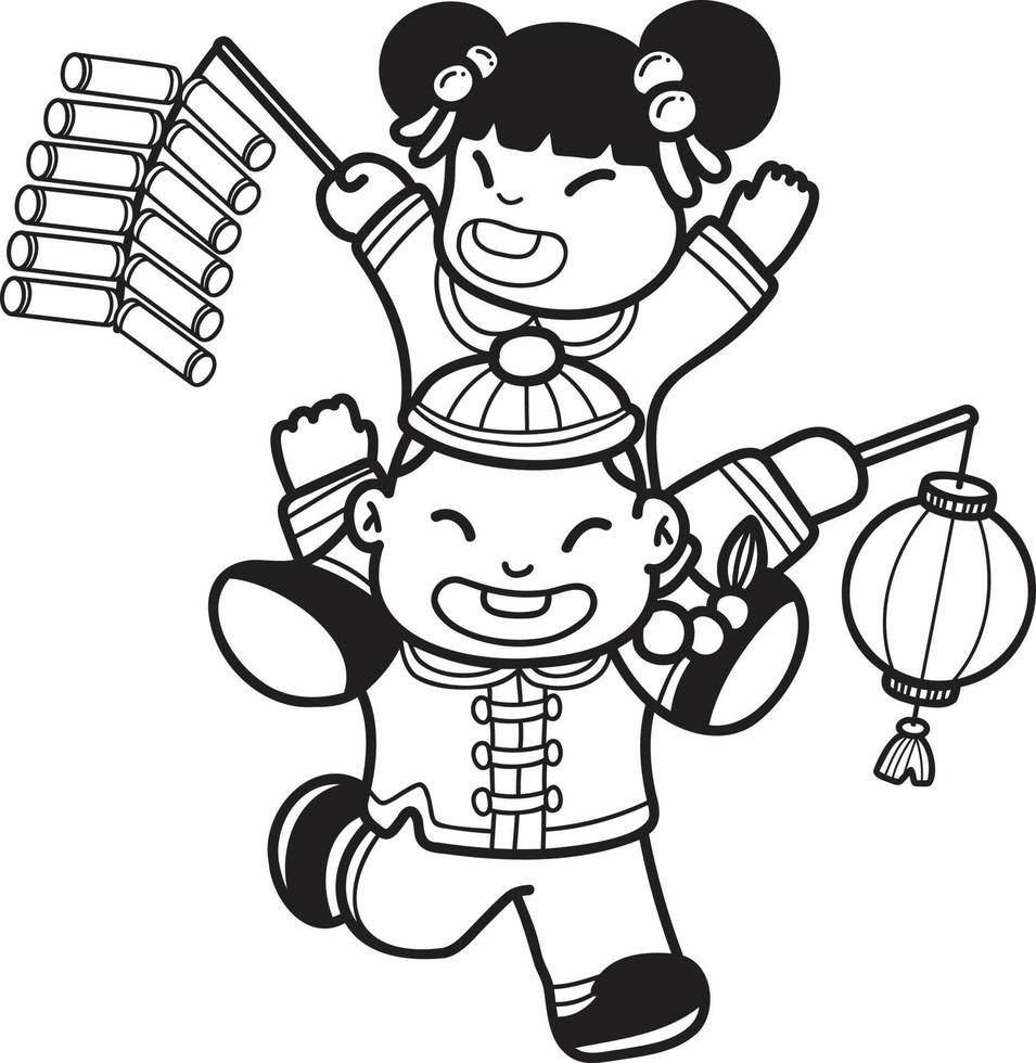 hand- getrokken Chinese kinderen met voetzoekers en lantaarns illustratie vector