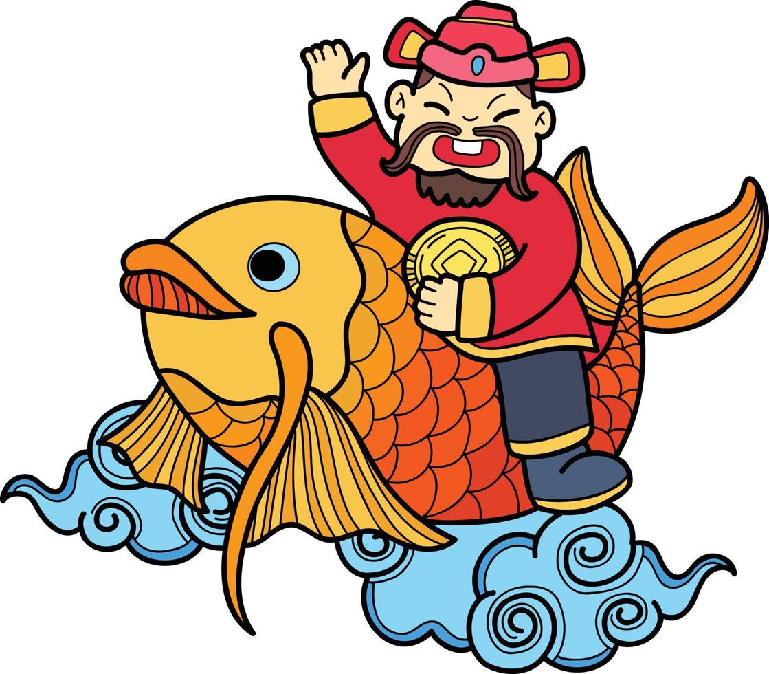 hand- getrokken Chinese rijkdom god en koi illustratie vector